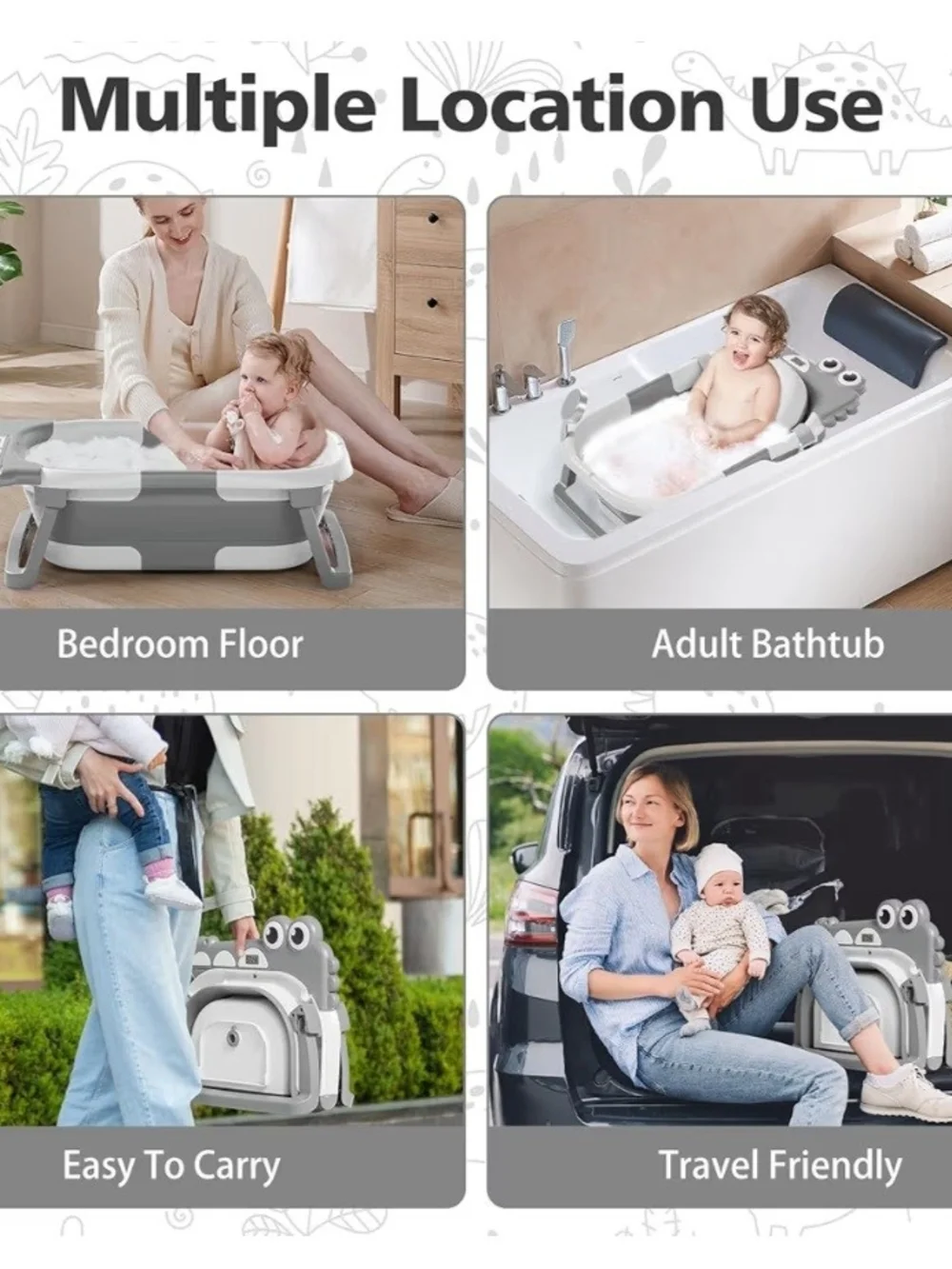 Gray Shark Print Folding Baby Bath Tub with Cushion